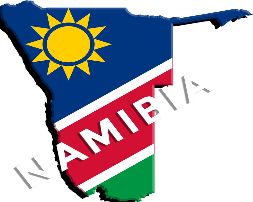 Namibia 桌布 壁紙 — 納米比亞地圖，以黑色背景襯托，填滿其國旗顏色和太陽標誌。
