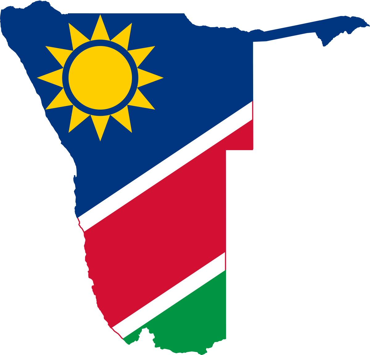 Namibia 桌布 壁紙 — 納米比亞地圖輪廓，填充其國旗，藍、紅、綠條紋上有一顆黃色太陽。