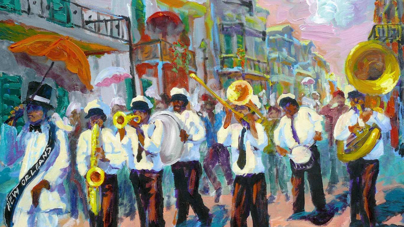 Painting 桌布 壁紙 — 紐奧良爵士樂隊撐著雨傘、手持銅管樂器，在色彩繽紛的街道上行進的充滿活力的油畫。