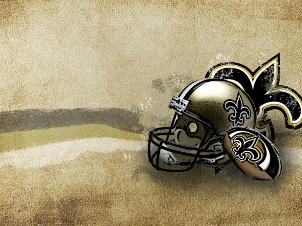 NFL Saints 桌布 壁紙 — 紐奧良聖徒隊的足球頭盔和標誌放置在帶有陰影條紋的紋理米色背景上。