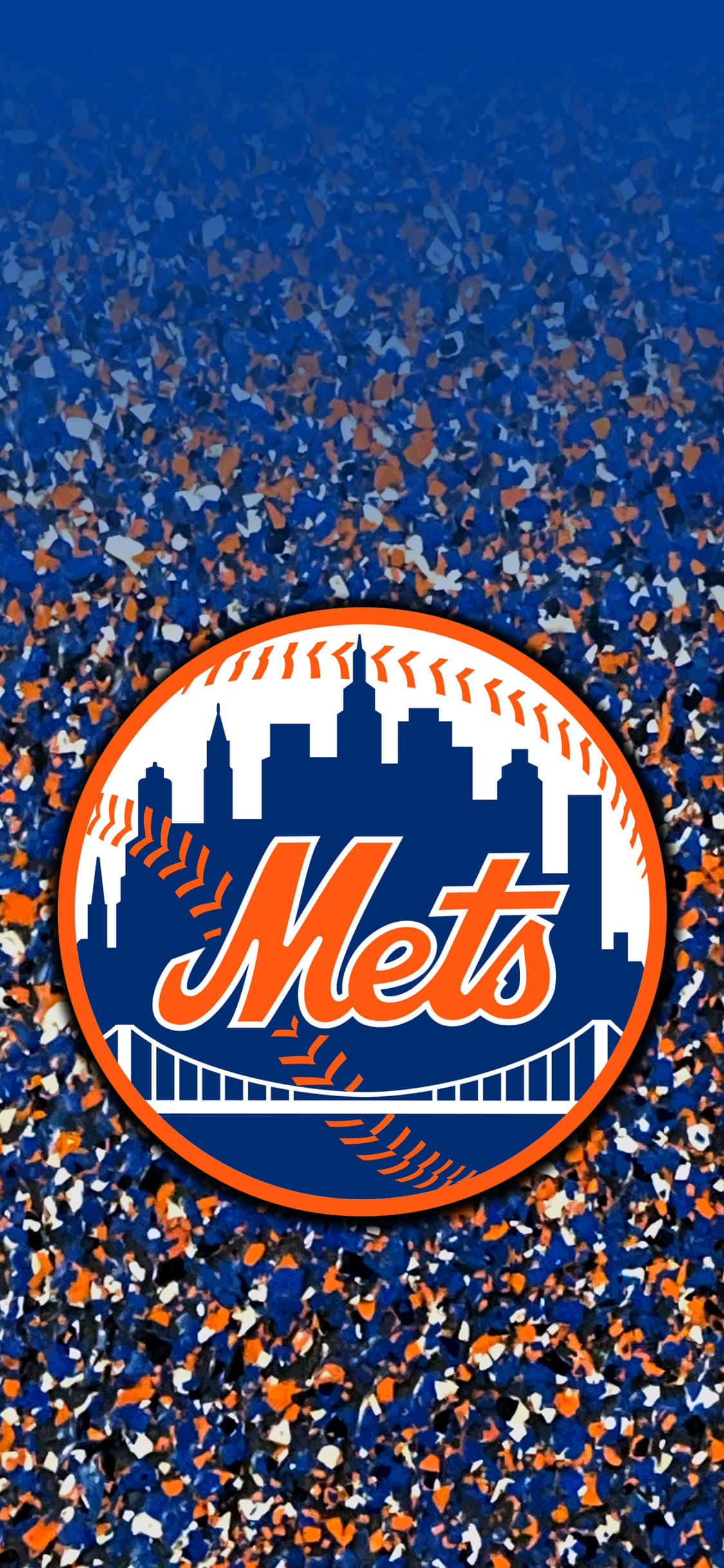 Pete Alonso 桌布 壁紙 — 紐約大都會隊標誌居中於藍色和橙色五彩紙屑背景上。