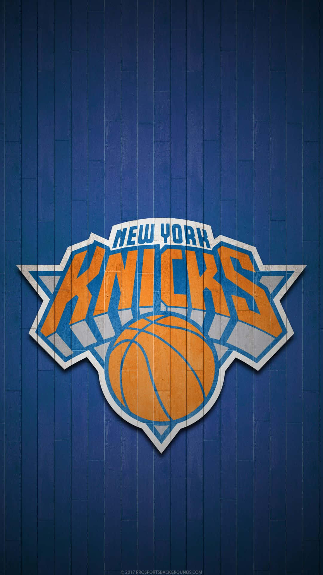 NBA 桌布 壁紙 — 紐約尼克隊標誌，橙色籃球居中，背景為藍色木質球場。