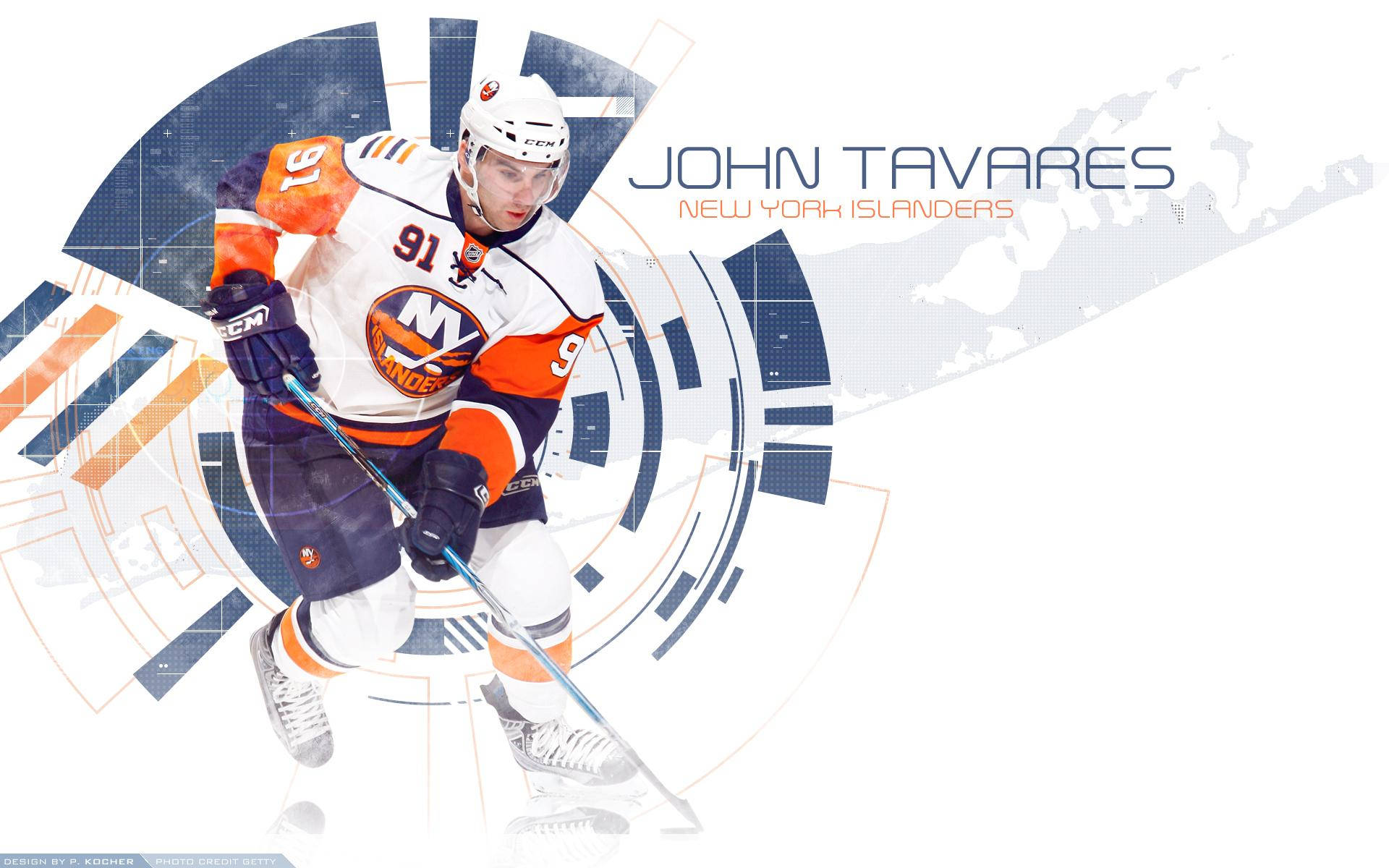 運動 桌布 壁紙 — 紐約島人隊裝備的冰球選手John Tavares，在未來感圖形背景前動態滑行，手持球桿。