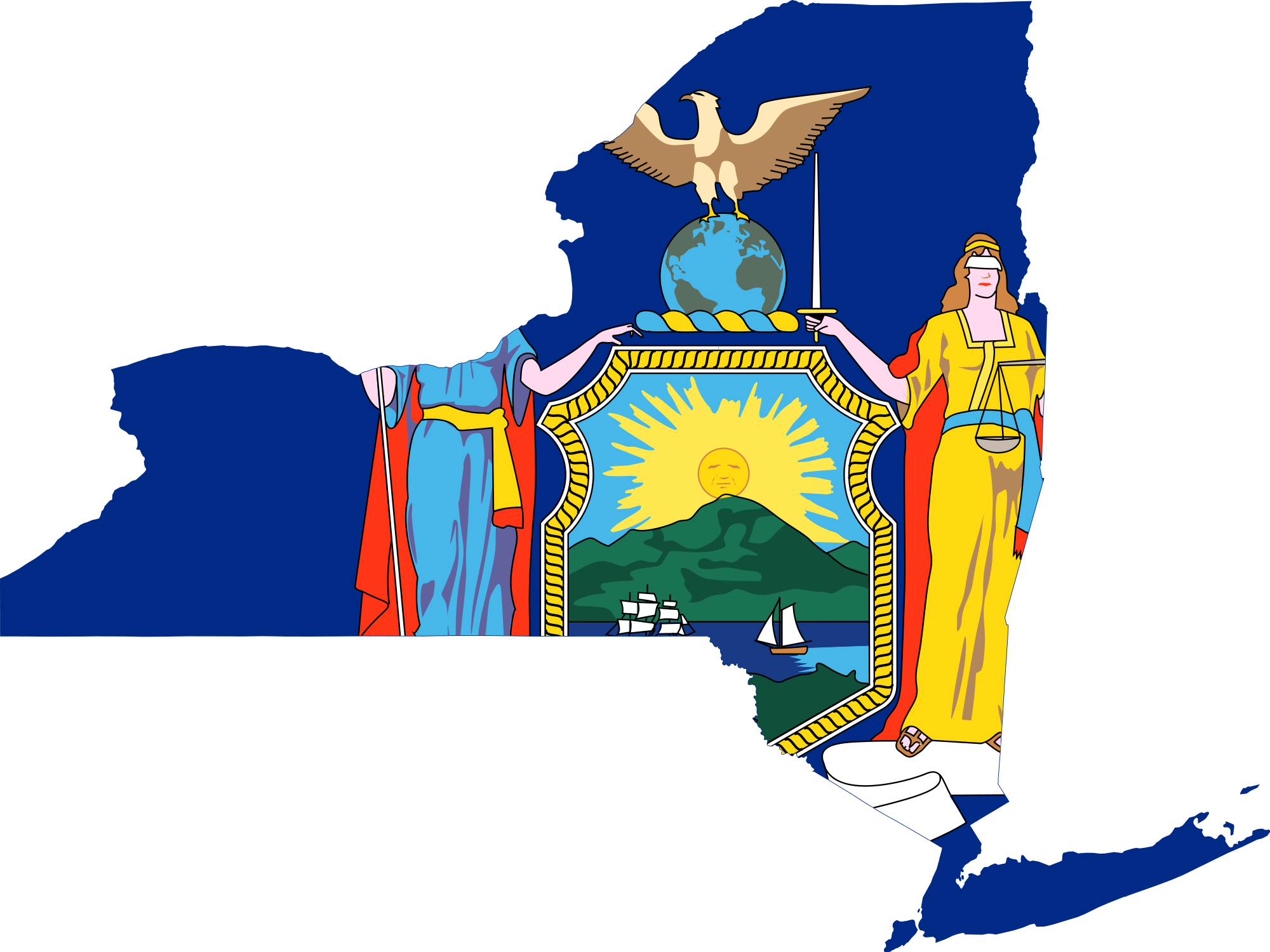 New York 桌布 壁紙 — 紐約州印章的風格化插圖，描繪一位手持天秤與劍的女子、地球儀上的鷹、以及山脈與船隻上方的太陽。