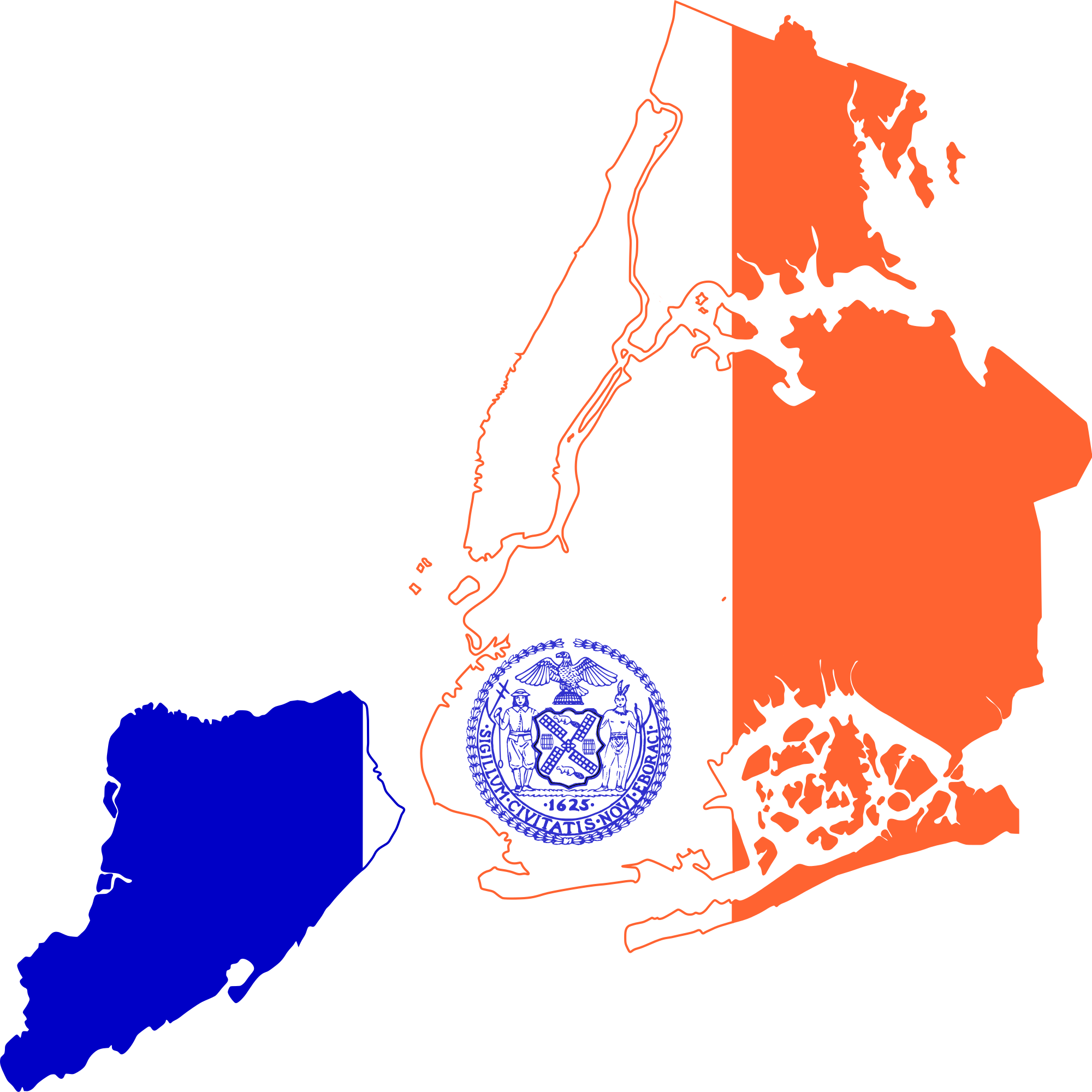 New York 桌布 壁紙 — 紐約州的風格化地圖，填充了法國國旗的藍、白、橙色，州徽居中為白色。