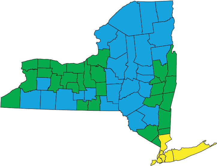 New York 桌布 壁紙 — 紐約州的風格化地圖，郡以藍色、綠色和黃色著色，背景為黑色。