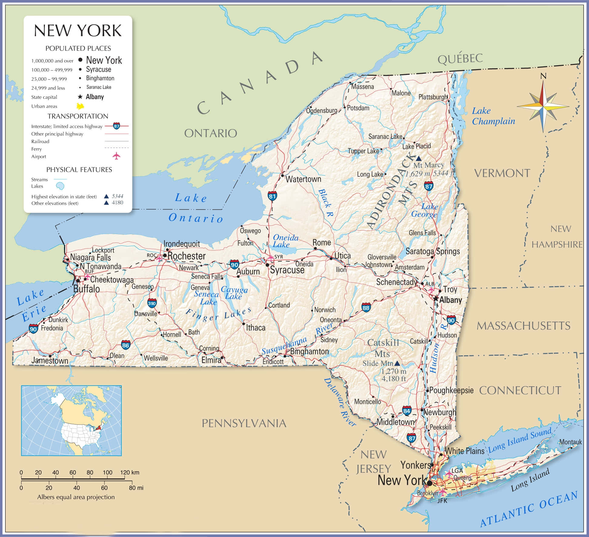 New York 桌布 壁紙 — 紐約州詳細地圖，顯示城市、河流、湖泊、高速公路及鄰近州份，附圖例及指南針玫瑰。