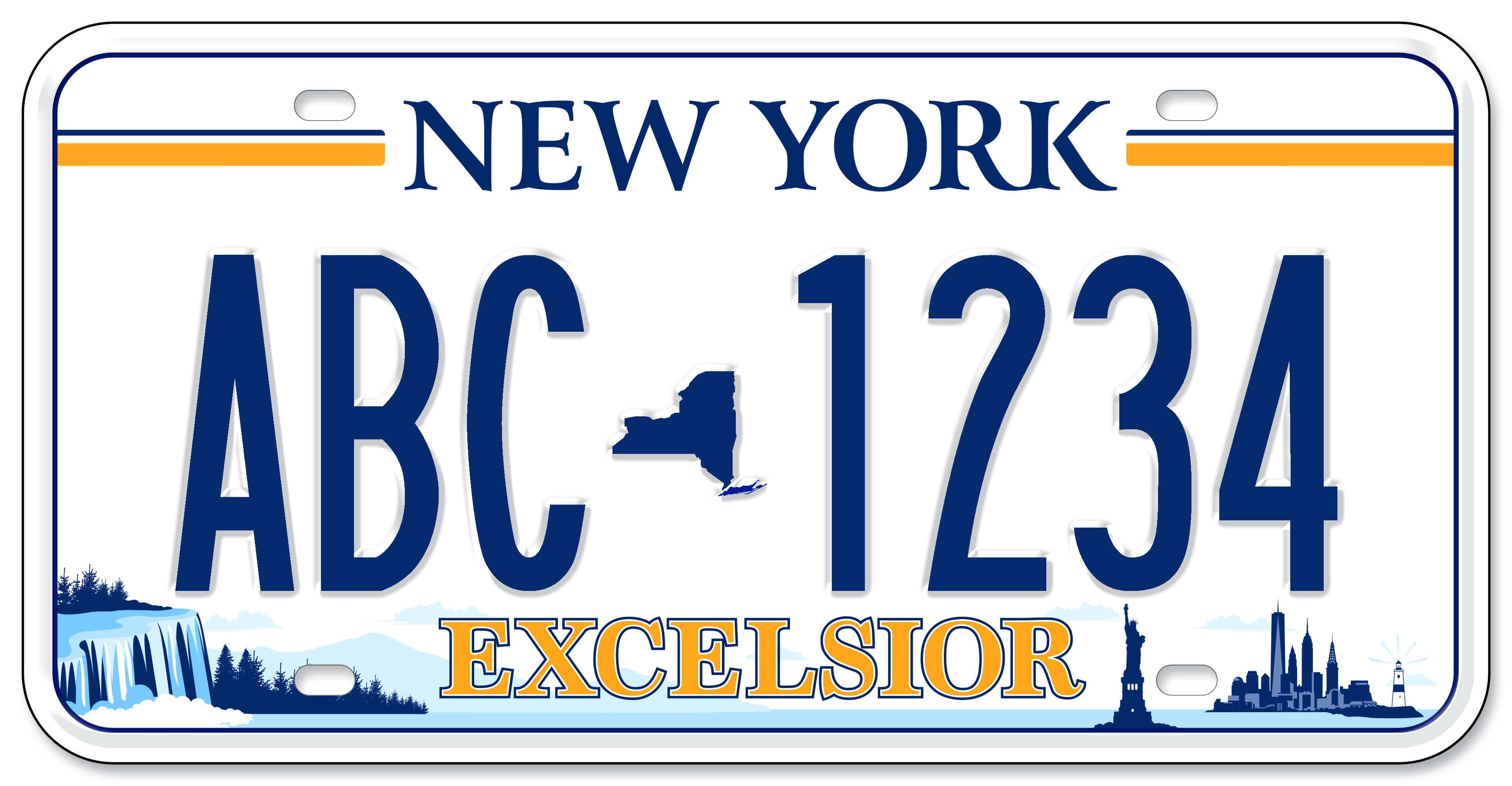 License Plate 桌布 壁紙 — 紐約州車牌，藍色字母配橙色點綴，展示州輪廓及標誌性地標。