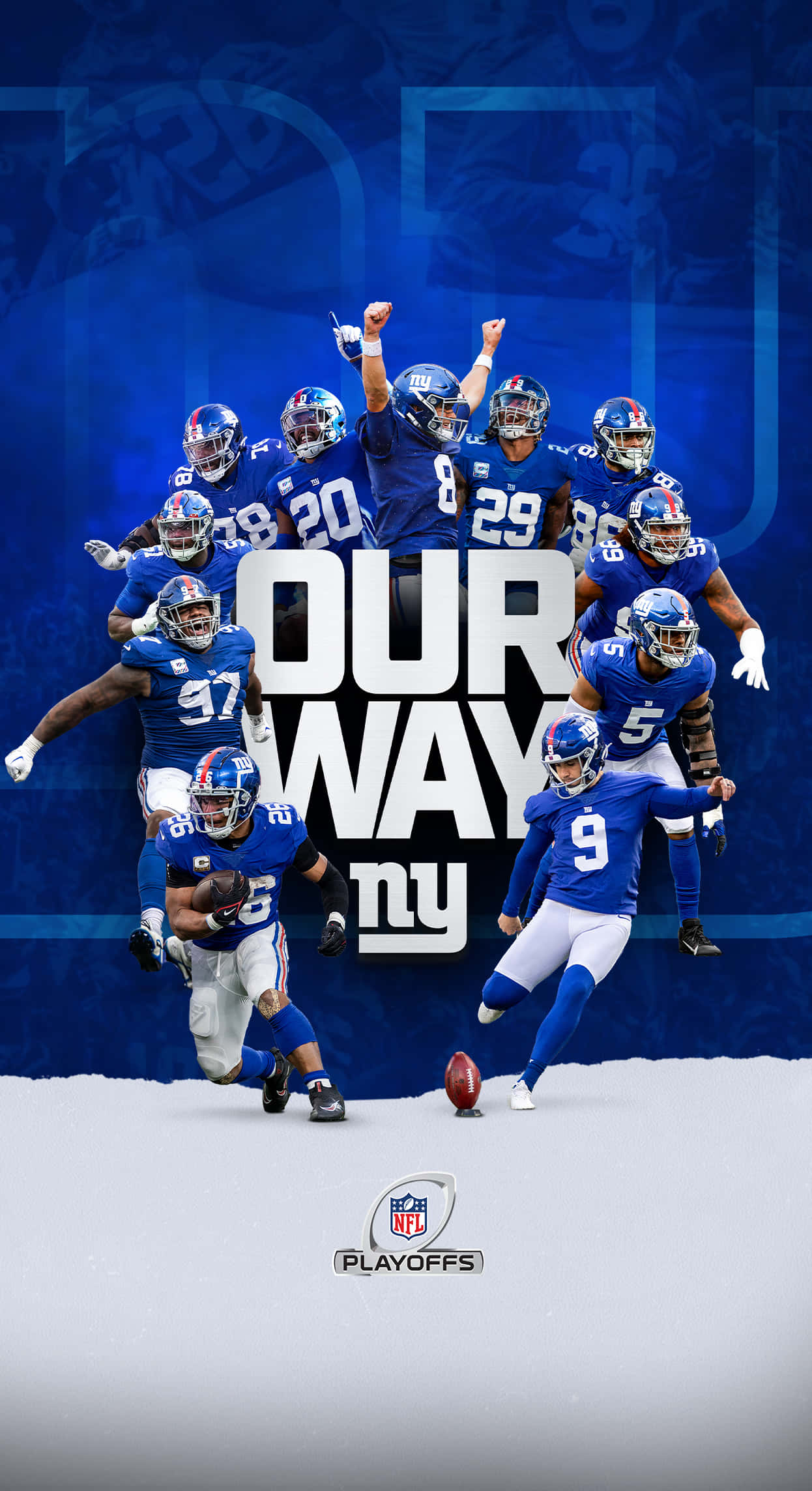 NFL Playoff 桌布 壁紙 — 紐約巨人隊足球員身穿藍色球衣，在鮮明的藍色背景上以「OUR WAY」文字動態慶祝。