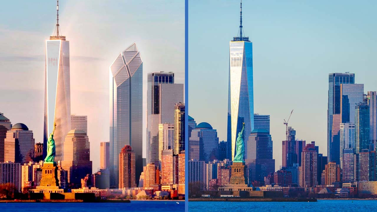 Statue Of Liberty 桌布 壁紙 — 紐約市天際線在日落時分，世界貿易中心一號大樓和自由女神像反射溫暖的金色光芒。