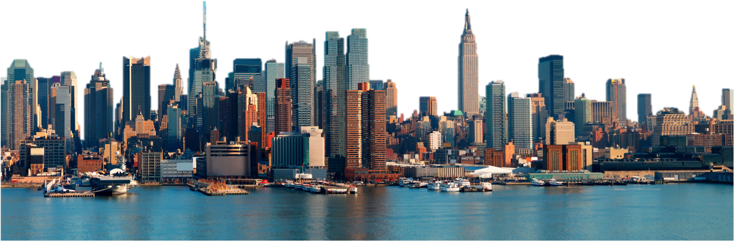 紐約 桌布 壁紙 — 紐約市天際線在日落時的 panoramatic 景觀，摩天大樓在水面上反射出金色光芒。