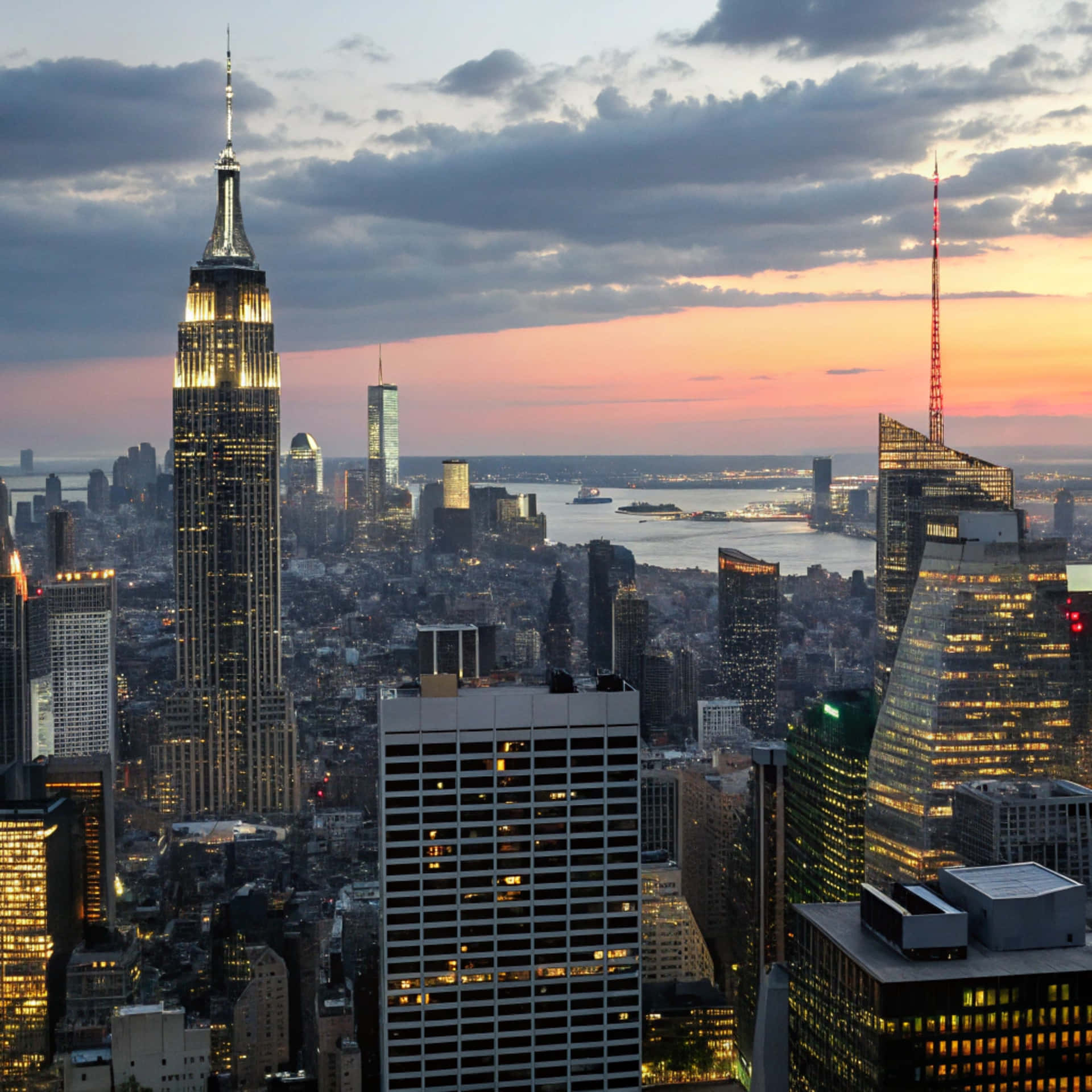 New York Skyline 壁紙 — 紐約市天際線在黃昏時分，帝國大廈在多雲的橙色和紫色天空中亮起。