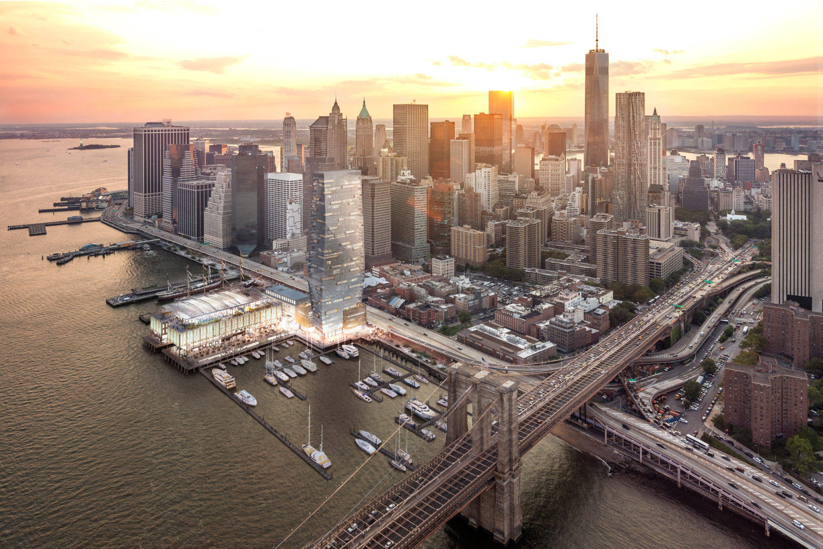 New York 桌布 壁紙 — 紐約市天際線的空中日落景觀，布魯克林大橋和海港船隻在金色光芒中閃耀。