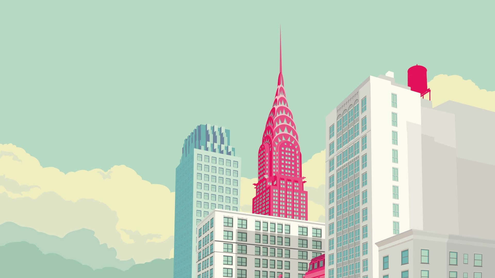 New York Art 桌布 壁紙 — 紐約市天際線的風格化插圖，帶有粉紅色克萊斯勒大廈和柔和雲彩。