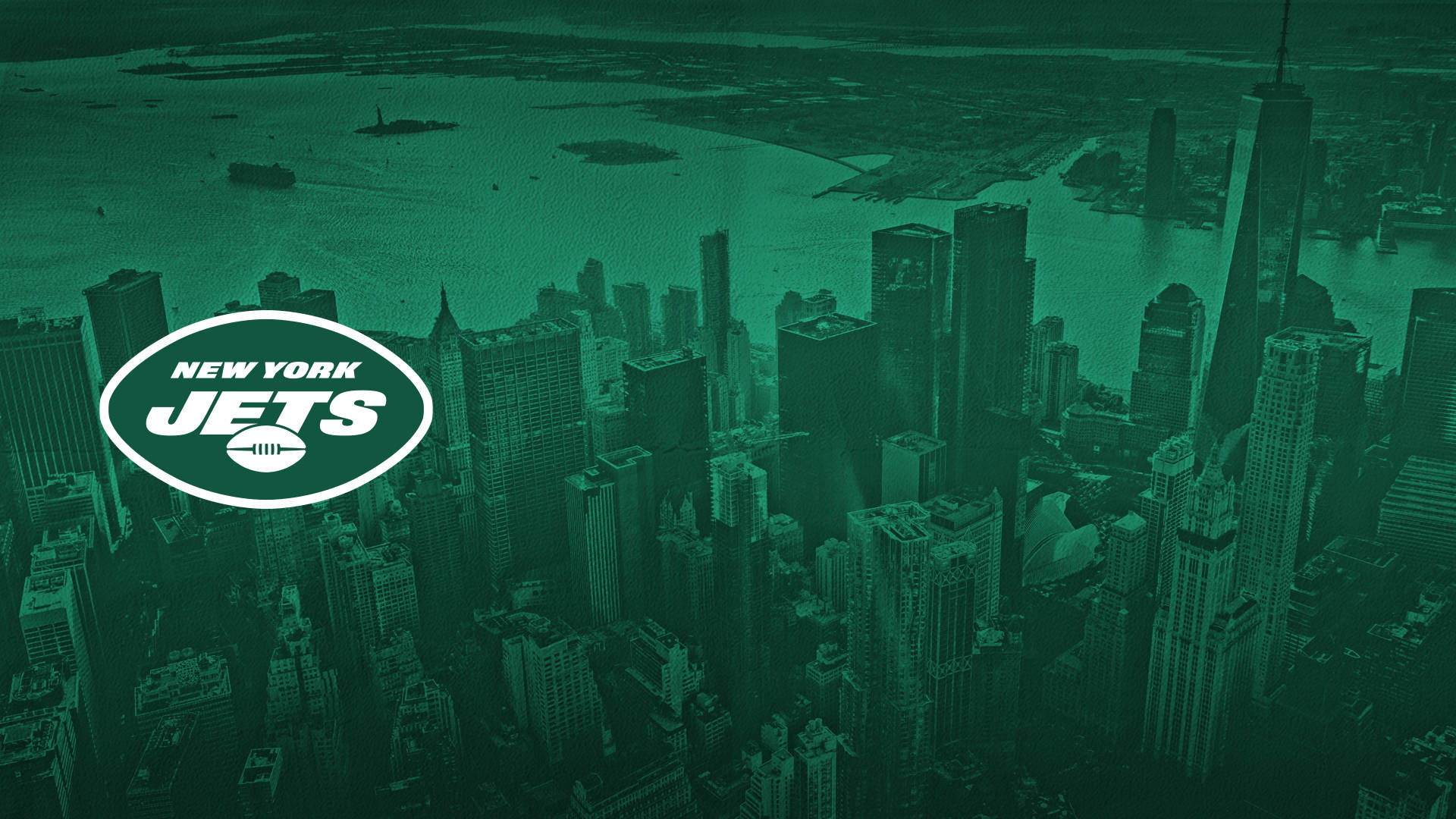 Ny Jets 桌布 壁紙 — 紐約市天際線的鳥瞰圖，上面覆蓋著紐約噴射機隊的綠色單色標誌。