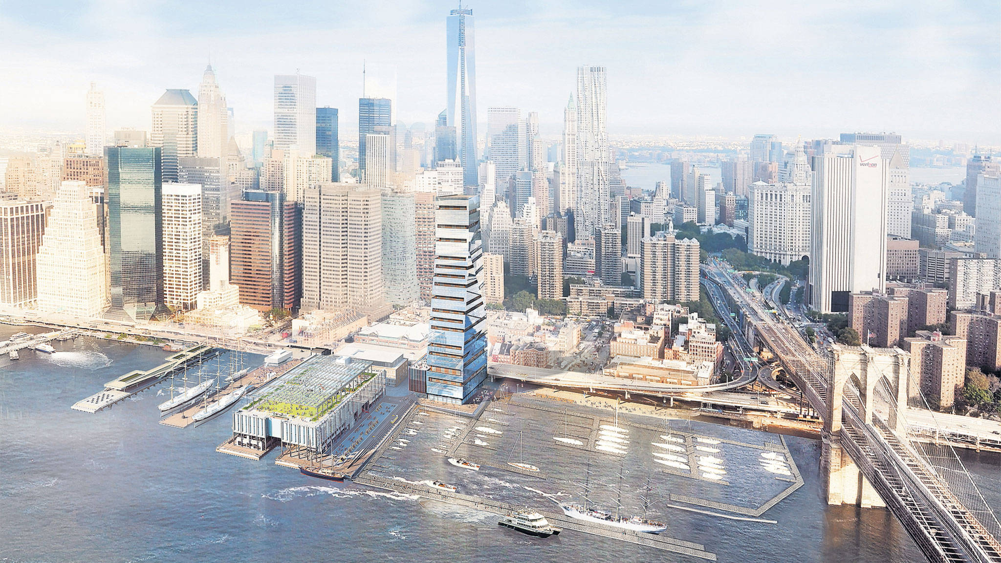 New York 桌布 壁紙 — 紐約市天際線的鳥瞰圖，包括摩天大樓、布魯克林大橋和水面上的船隻，在明亮的日光下。