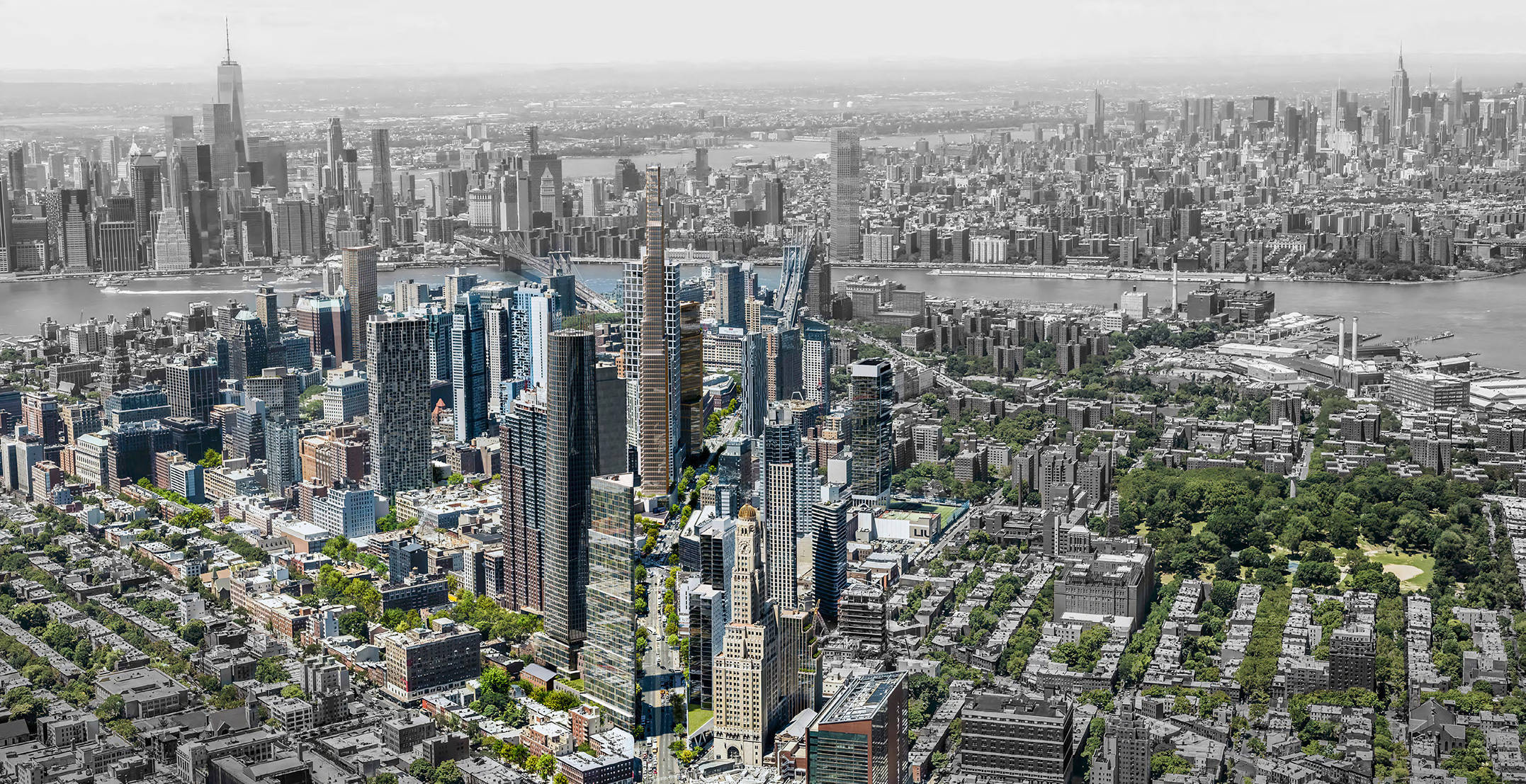 New York 桌布 壁紙 — 紐約市天際線的鳥瞰圖，高聳的摩天大樓和綠色公園在朦朧的日光下。