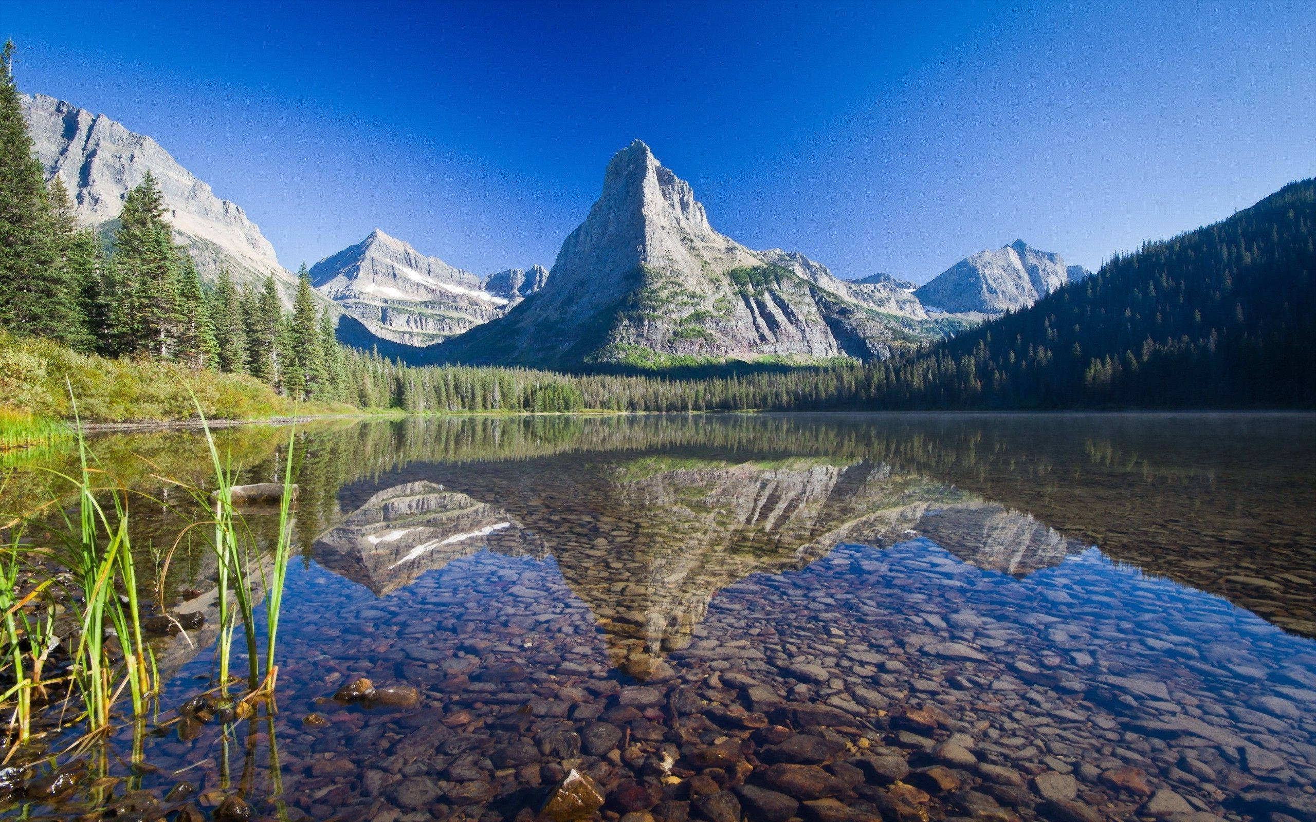 山景 桌布 壁紙 — 純淨的山湖在清澈的藍天下映照著崎嶇的山峰和常綠森林。