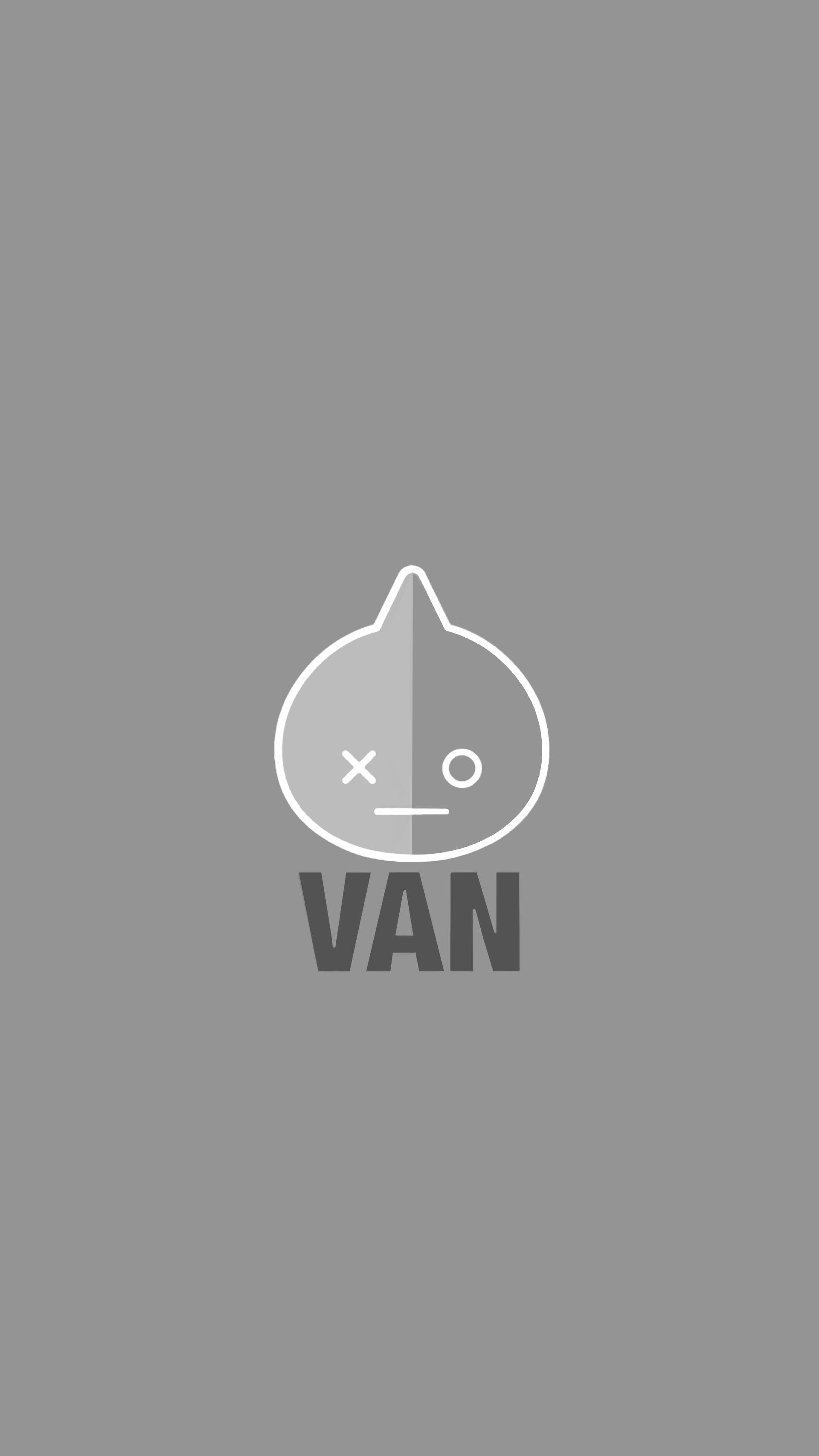 van bt21 桌布 壁紙 — 純灰色背景上，一個分裂面孔的水滴角色配以「VAN」文字的極簡標誌。