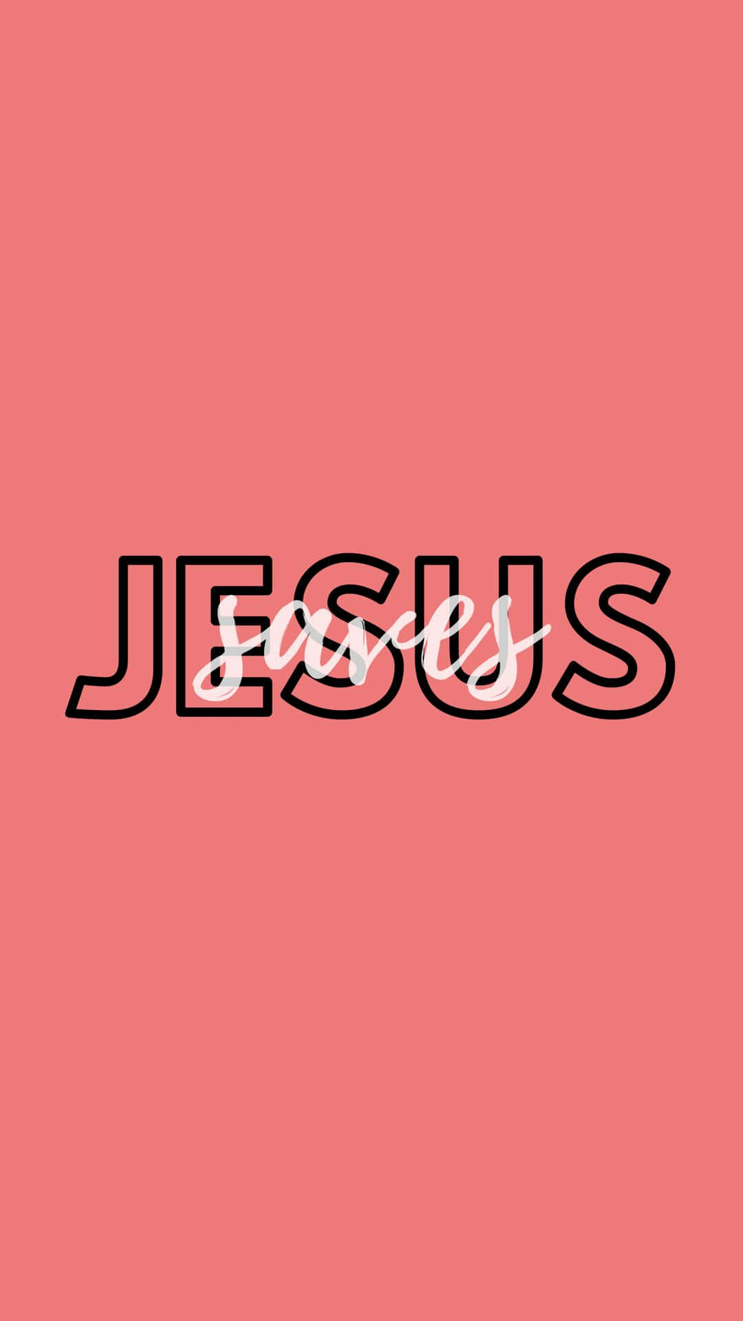 Jesus Saves 桌布 壁紙 — 純珊瑚粉紅色背景上，居中放置粗體黑色輪廓的 JESUS 文字和白色草書 saves。