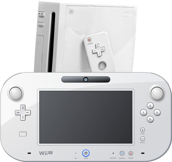 任天堂 桌布 壁紙 — 純白的Nintendo Wii U主機和控制器，擺放在乾淨的白色背景上。