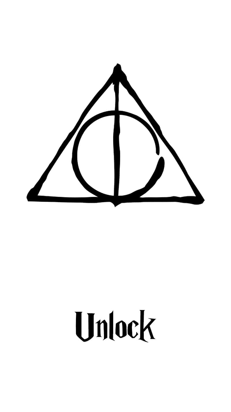 Harry Potter Black And White 桌布 壁紙 — 純白背景上，一個清晰的黑色死神的聖物符號，下方有 unlock 字樣。