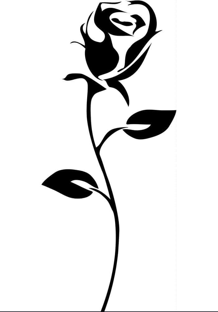 Rose Symbol 桌布 壁紙 — 純白背景上，一朵帶葉和莖的單支玫瑰的極簡黑色剪影。