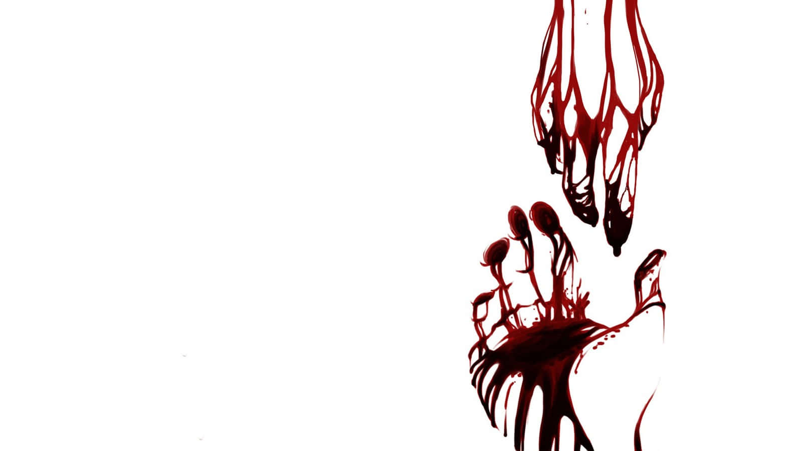 Blood Aesthetic 桌布 壁紙 — 純白背景上，一隻風格化的手，深紅色血液從手指滴落並在下方匯聚。