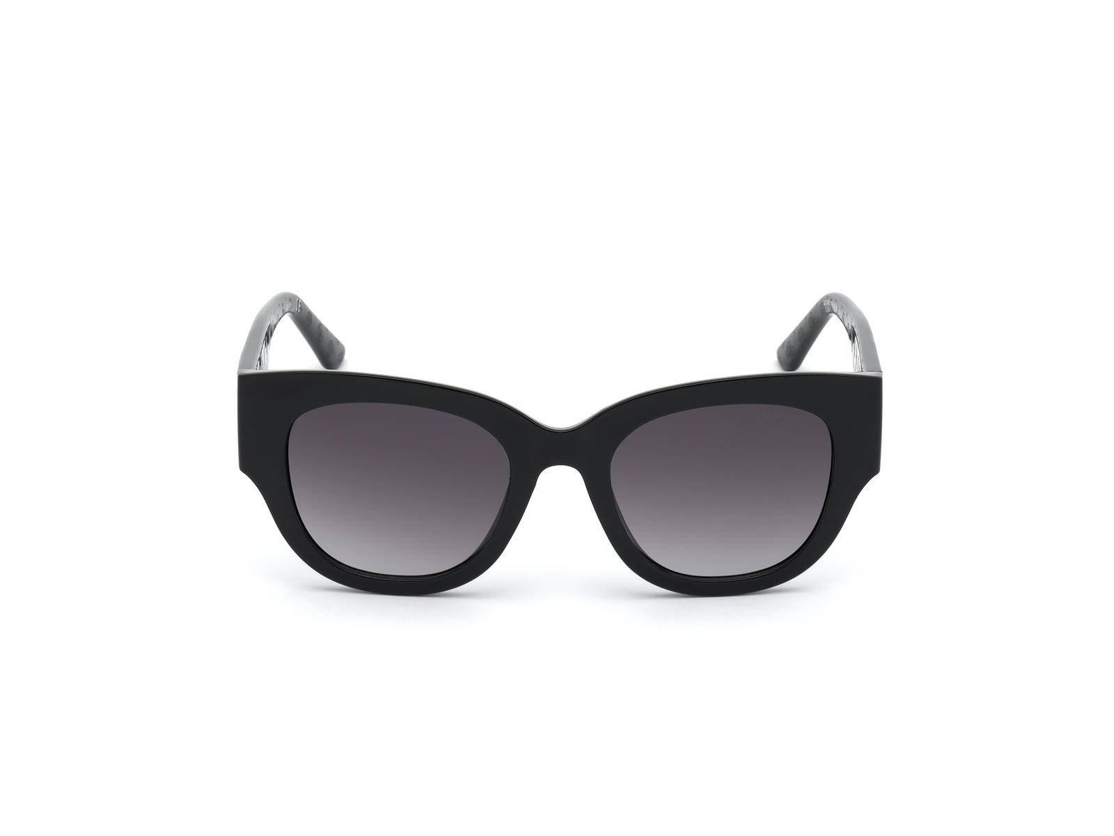 Sunglasses 桌布 壁紙 — 純白背景上，大膽的黑色貓眼太陽眼鏡，配備漸變灰色鏡片和紋理灰色鏡臂。