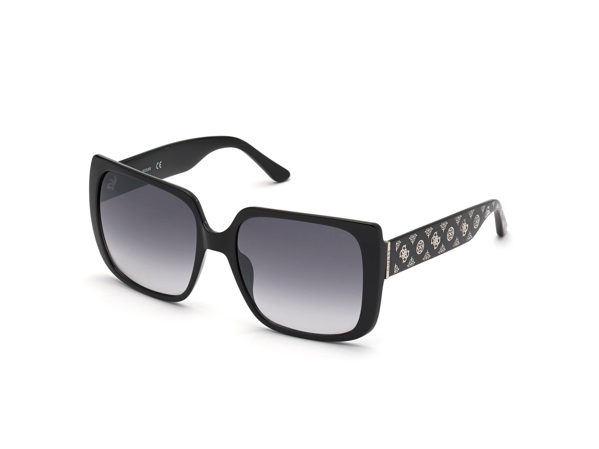 Sunglasses 桌布 壁紙 — 純白背景上，大膽的黑色長方形太陽眼鏡，帶有漸變灰色鏡片和華麗的金色圖案鏡臂。