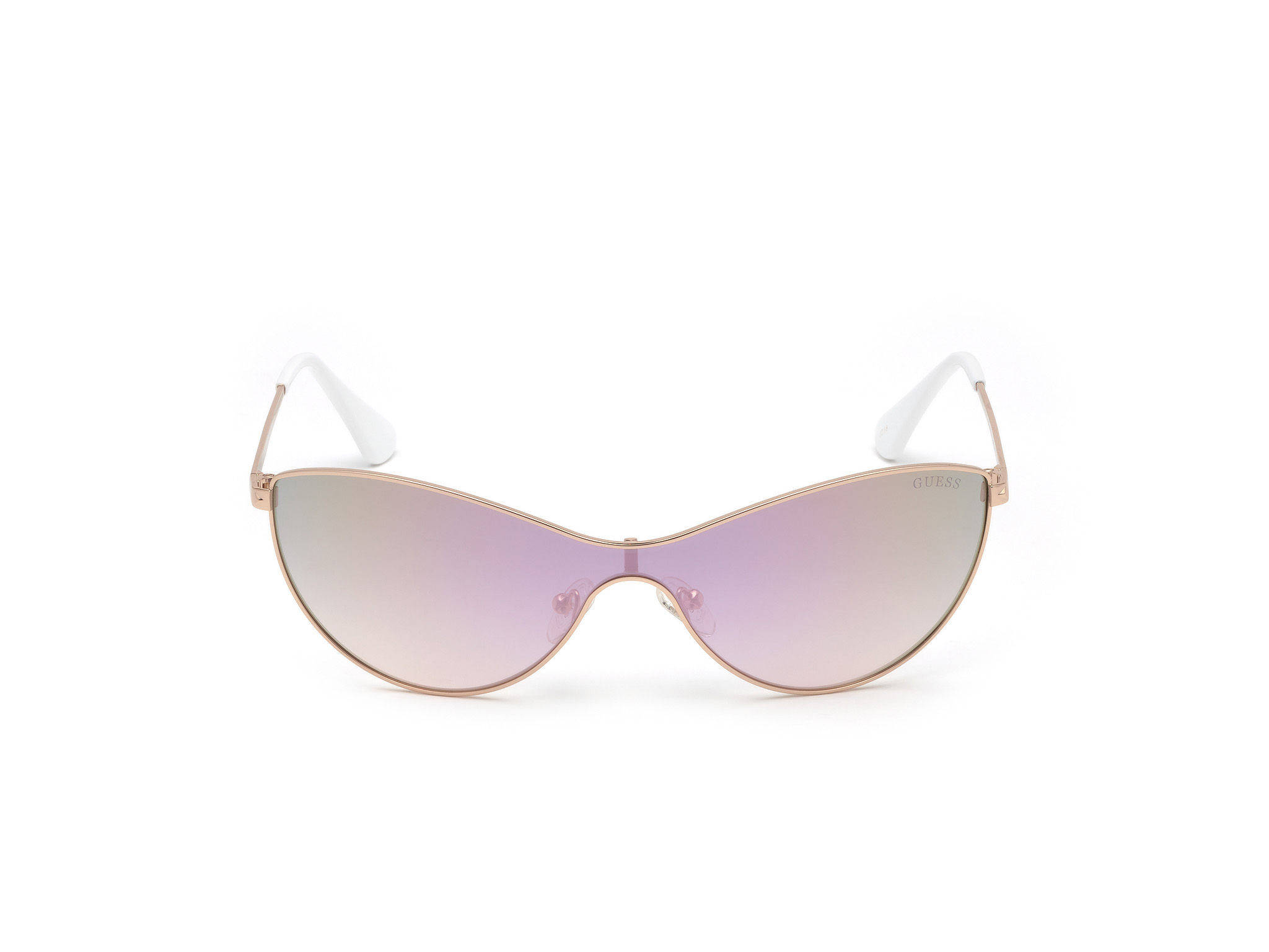 Sunglasses 桌布 壁紙 — 純白背景上優雅的玫瑰金貓眼太陽眼鏡，搭配粉紅色鏡面鏡片和白色鏡腿尖端。