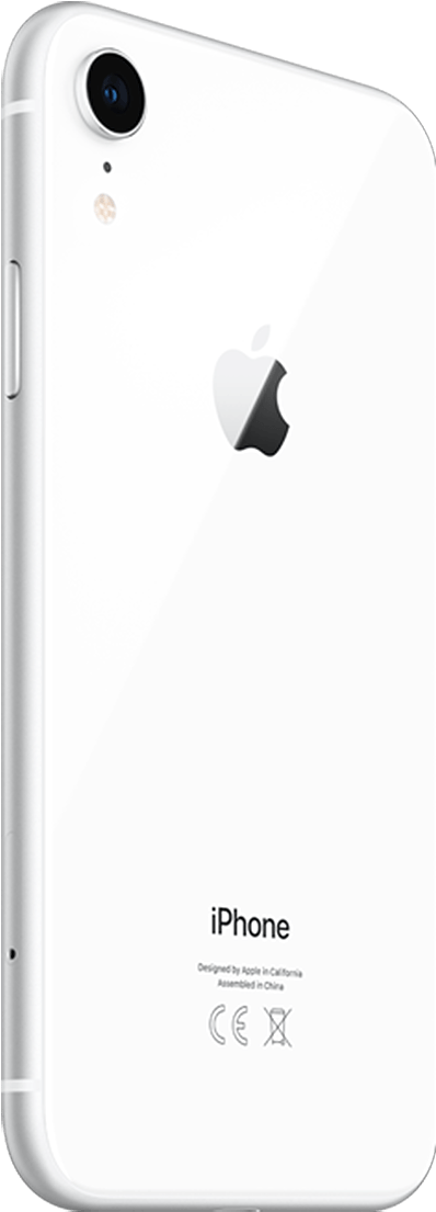 白色 iPhone 桌布 壁紙 — 純白色 iPhone XR 背面視圖，在乾淨的黑色背景上顯示 Apple 標誌、相機閃光燈和文字細節。