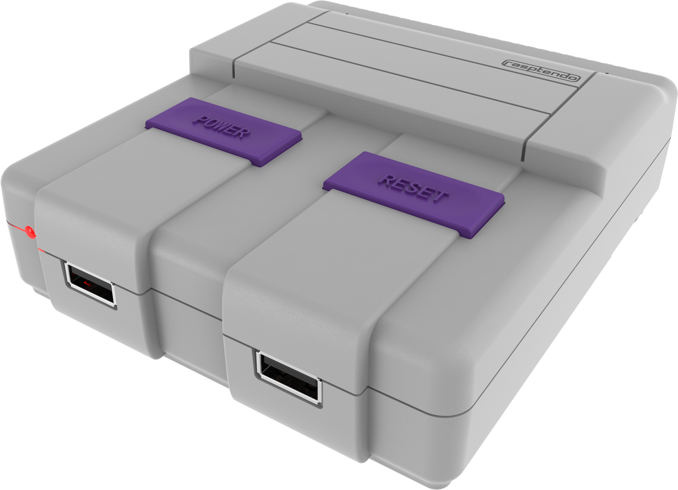 任天堂 桌布 壁紙 — 純白色 Nintendo Super Nintendo Entertainment System 主機，帶有紫色電源和重置按鈕，背景為黑色。