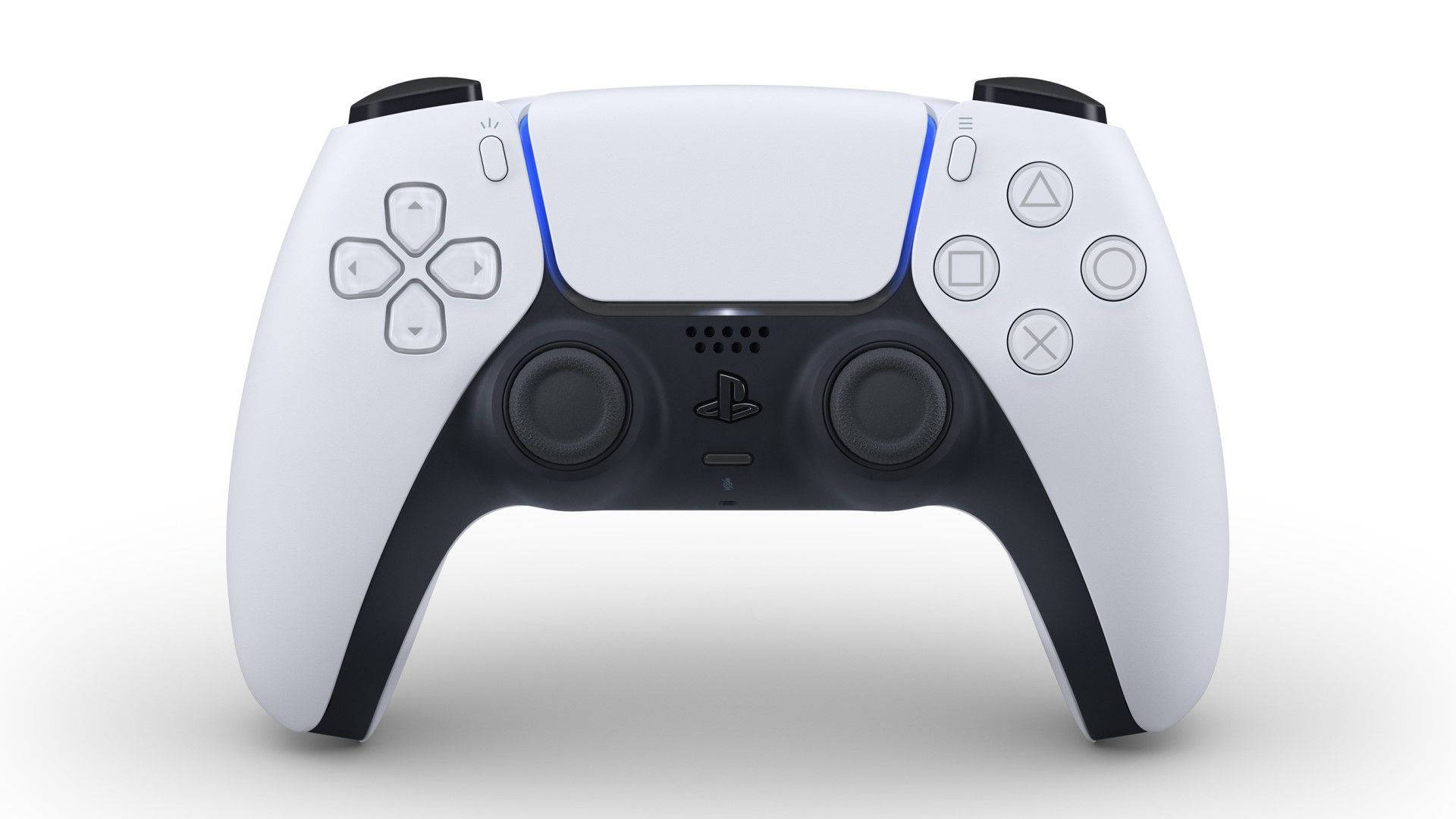 PS5 動態圖片 桌布 壁紙 — 純白色PlayStation 5 DualSense控制器，中央帶有發光藍色燈條，置於乾淨白色背景上。