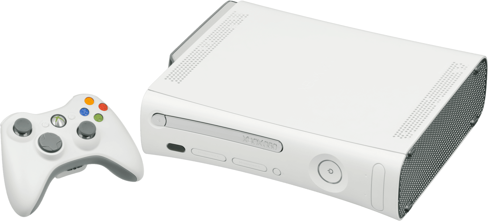 Xbox 桌布 壁紙 — 純白色Xbox 360主機和控制器在黑色背景上孤立展示，展現乾淨現代的遊戲硬體。