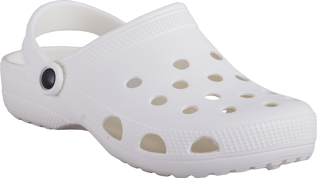 Crocs 桌布 壁紙 — 純白色木屐涼鞋，帶通風孔和黑色搭扣帶，置於純綠色背景上。