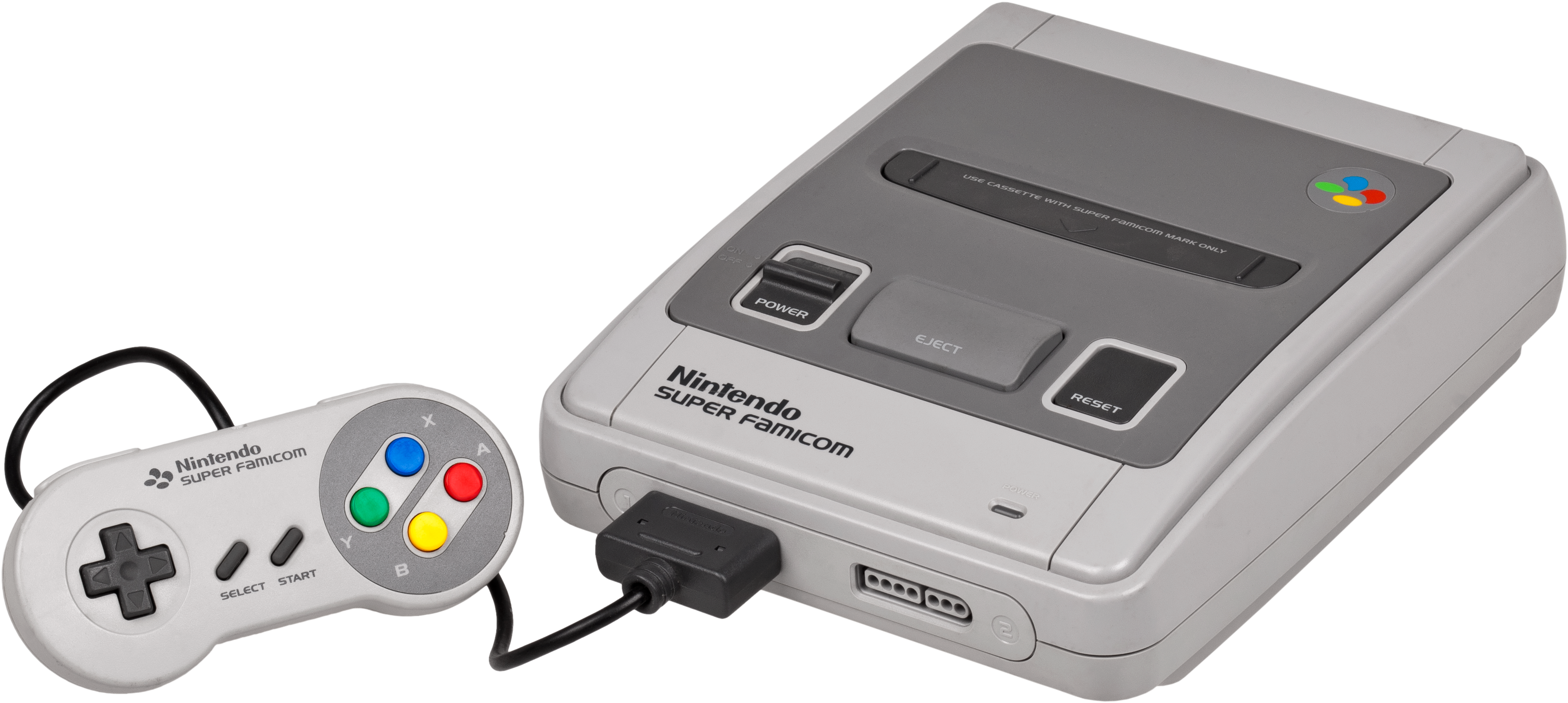任天堂 桌布 壁紙 — 純白色的 Nintendo Super Famicom 主機與其對應的控制器，在漆黑的背景上顯得格外突出。