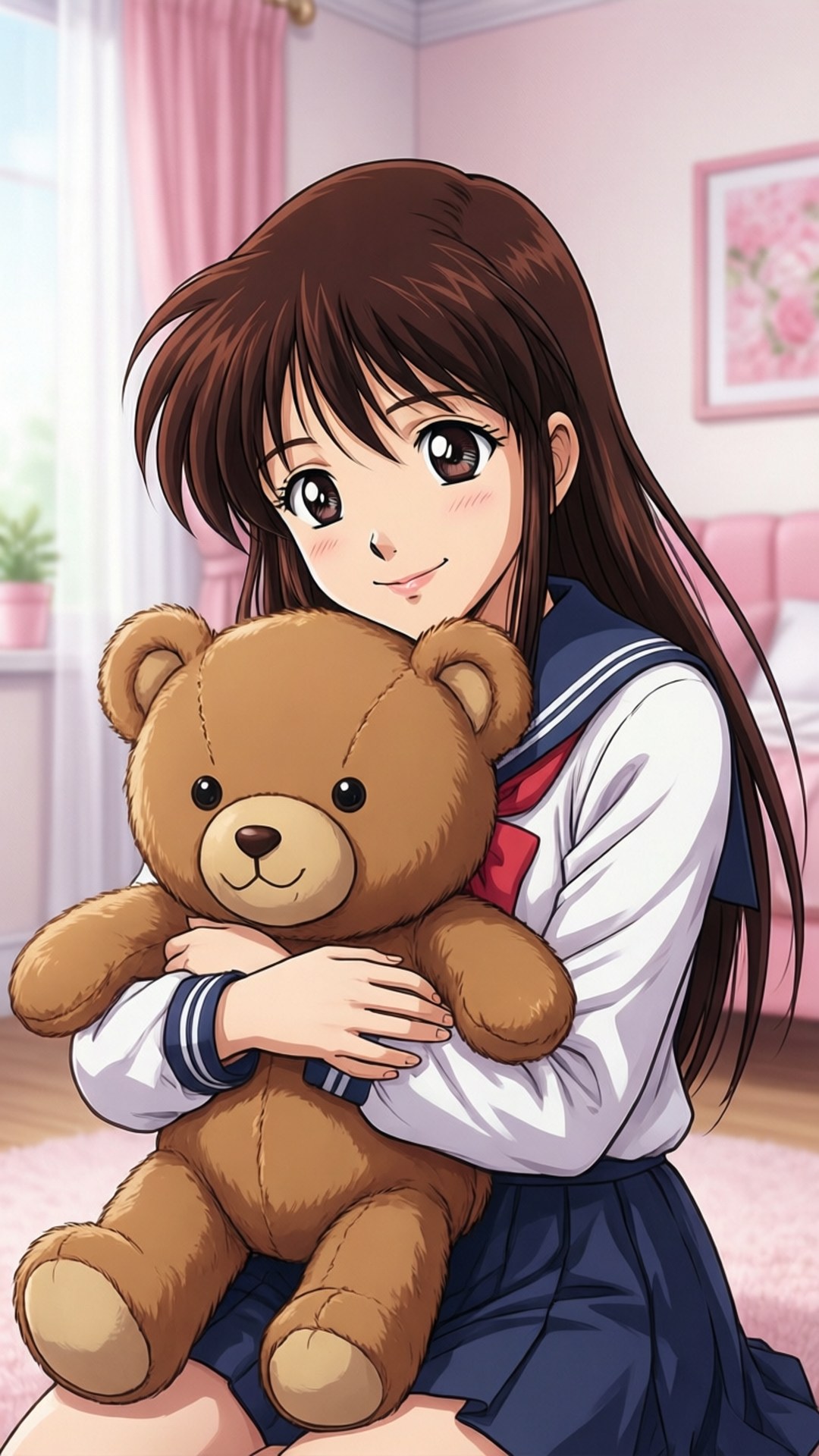 純真しのぶ 壁紙 — 一個微笑的動漫女孩穿著校服在粉紅色臥室裡抱著一隻棕色泰迪熊。