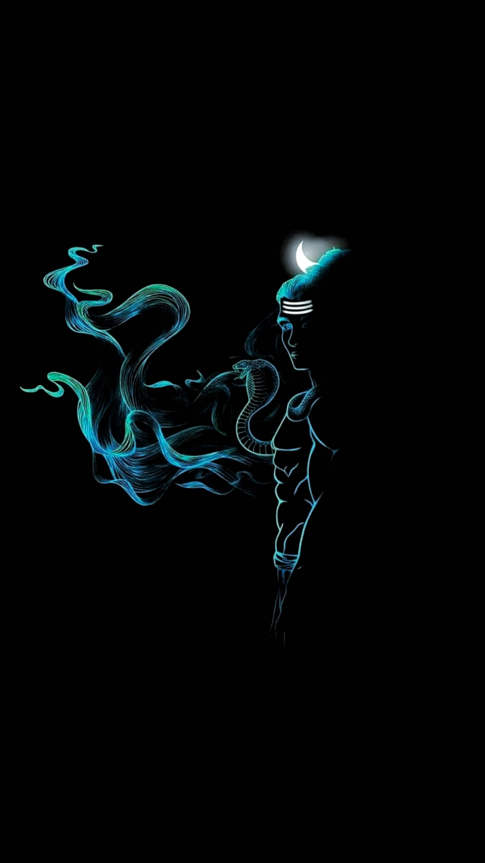 shiva iPhone 桌布 壁紙 — 純黑背景上，一個帶有新月皇冠和纏繞蛇形的人物發出藍色霓虹光芒的剪影。