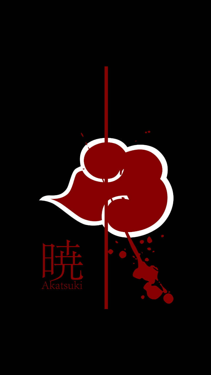 naruto symbol 桌布 壁紙 — 純黑背景上，一個帶有白色輪廓和血濺效果的醒目紅色雲朵標誌，與日文漢字和英文單詞 Akatsuki 一同呈現。