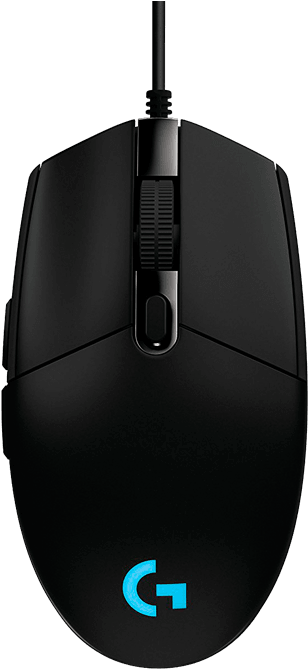 剪貼畫 桌布 壁紙 — 純黑背景上，一隻帶有發光藍色標誌的時尚黑色Logitech遊戲滑鼠。