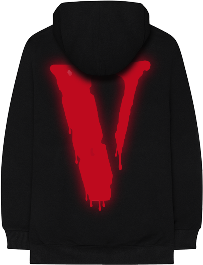 Vlone 桌布 壁紙 — 純黑背景上，黑色連帽衫背面帶有發光紅色滴落V標誌。