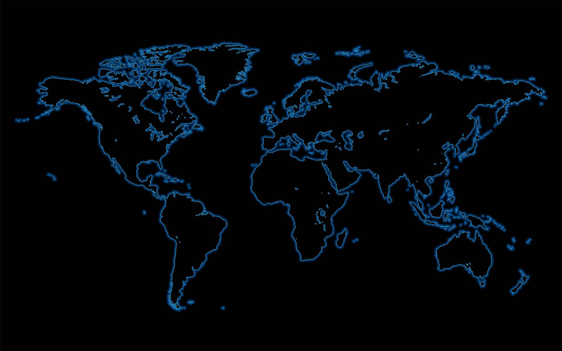 Global 桌布 壁紙 — 純黑背景上發光的藍色霓虹世界地圖輪廓。