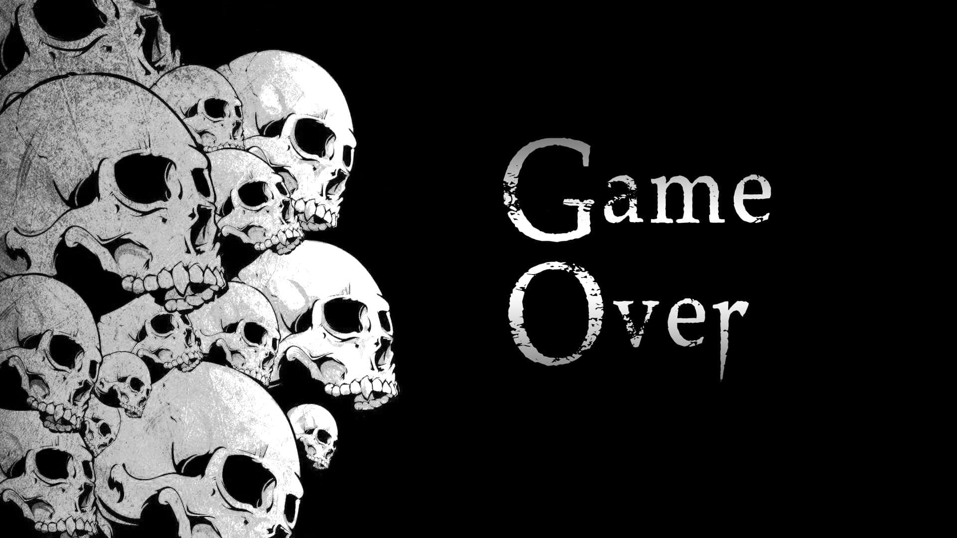 Dark Game Over 桌布 壁紙 — 純黑色背景，左側有一組細節豐富的骷髏頭，右側則有磨損效果的白色字體寫著「Game Over」。