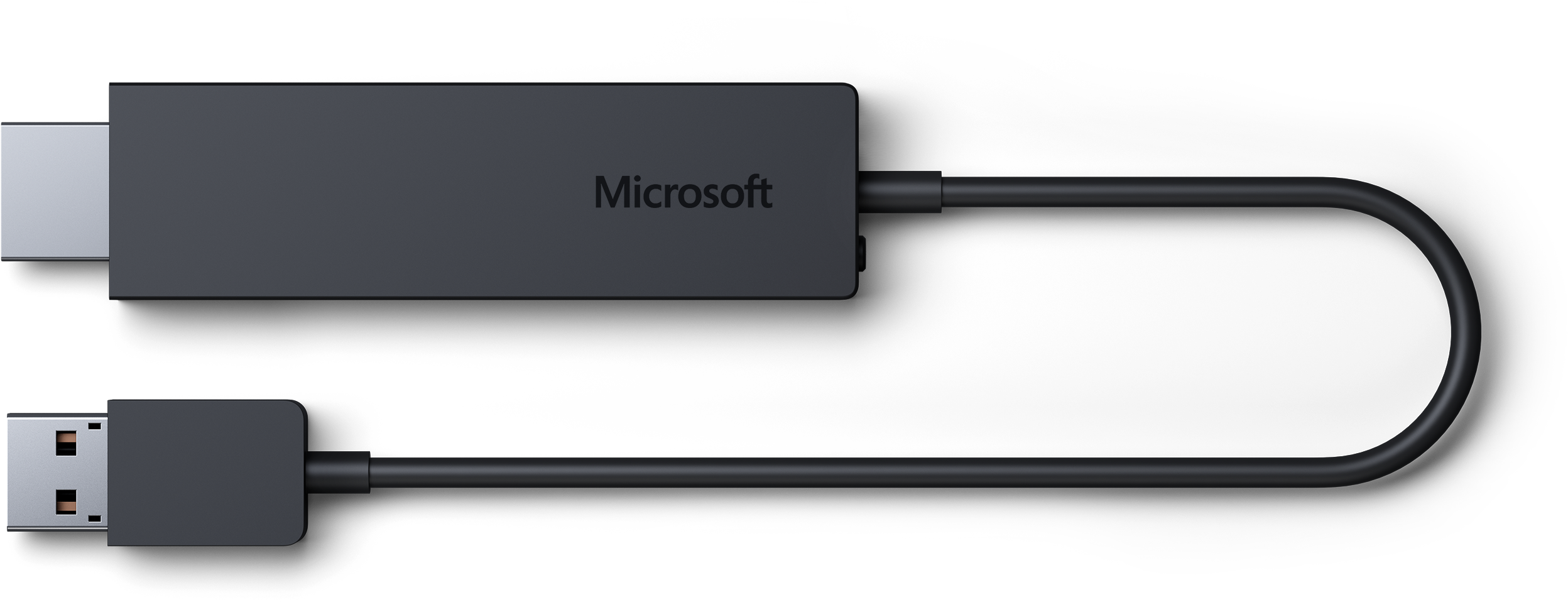 microsoft 桌布 壁紙 — 純黑色背景上，一個帶有彎曲線纜的時尚黑色Microsoft USB轉接器。