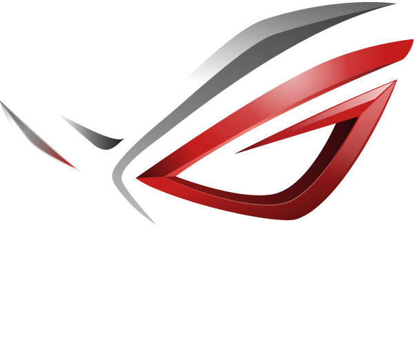 Asus Logo 桌布 壁紙 — 純黑色背景上，一個時尚的紅、銀、黑 ROG 眼睛標誌，下方有粗體白色文字。