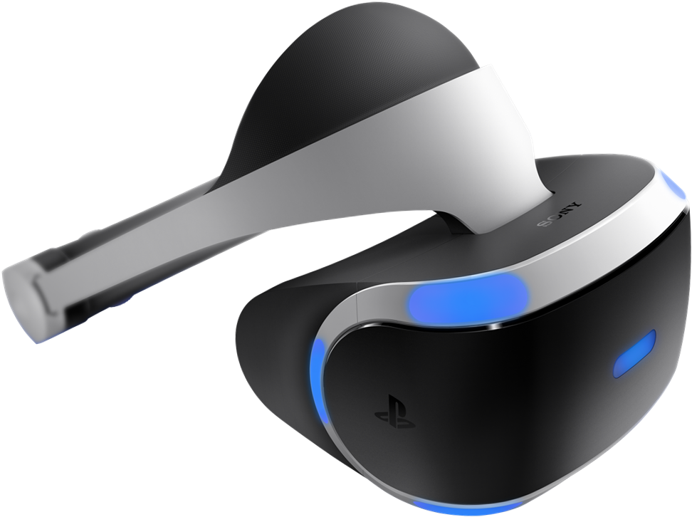 PlayStation 桌布 壁紙 — 純黑色背景上，一款時尚的黑白PlayStation VR頭戴裝置，帶有發光的藍色燈光。