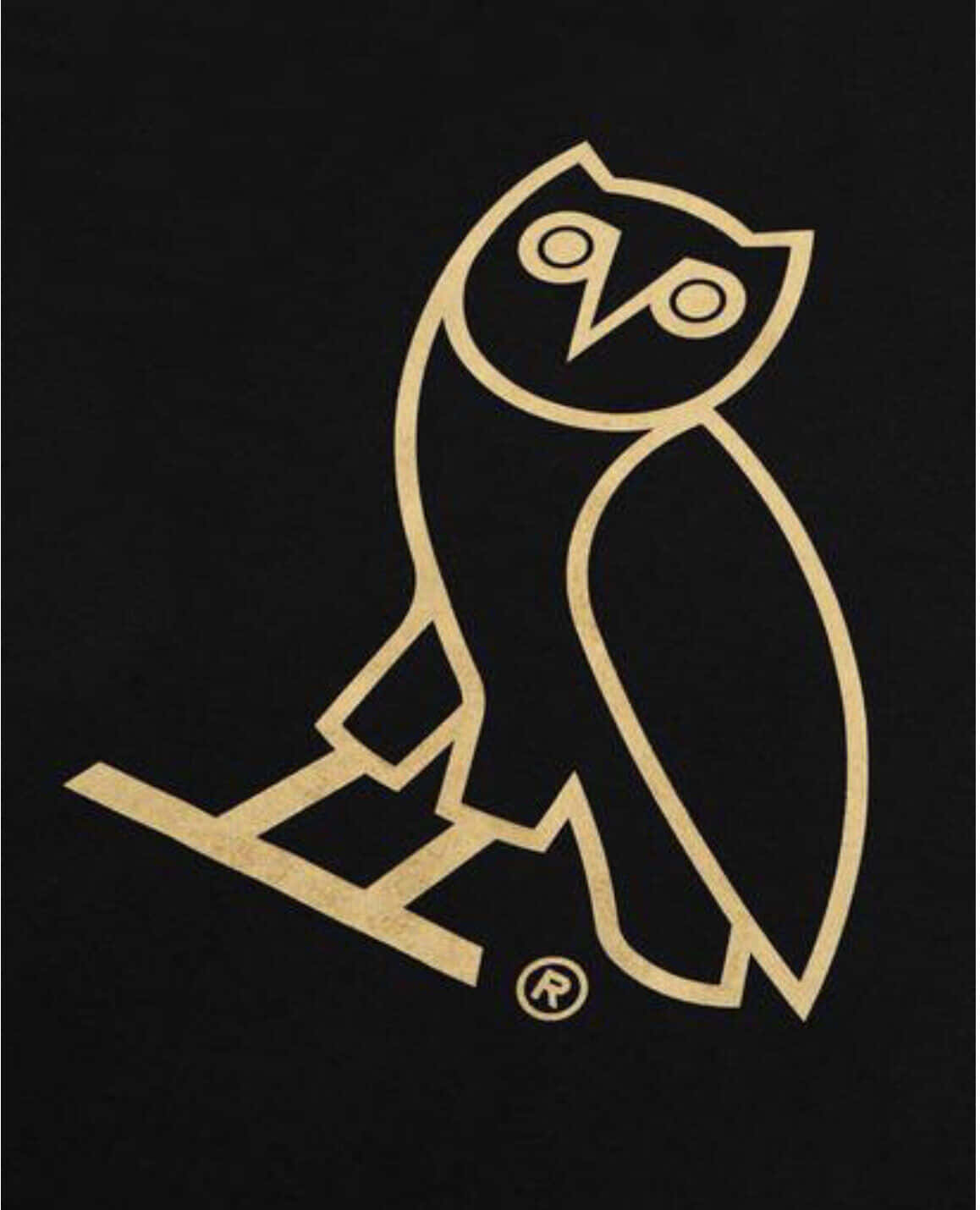 Drake Ovo Owl iPhone 桌布 壁紙 — 純黑色背景上，一隻棲息在樹枝上的貓頭鷹的極簡金色輪廓。