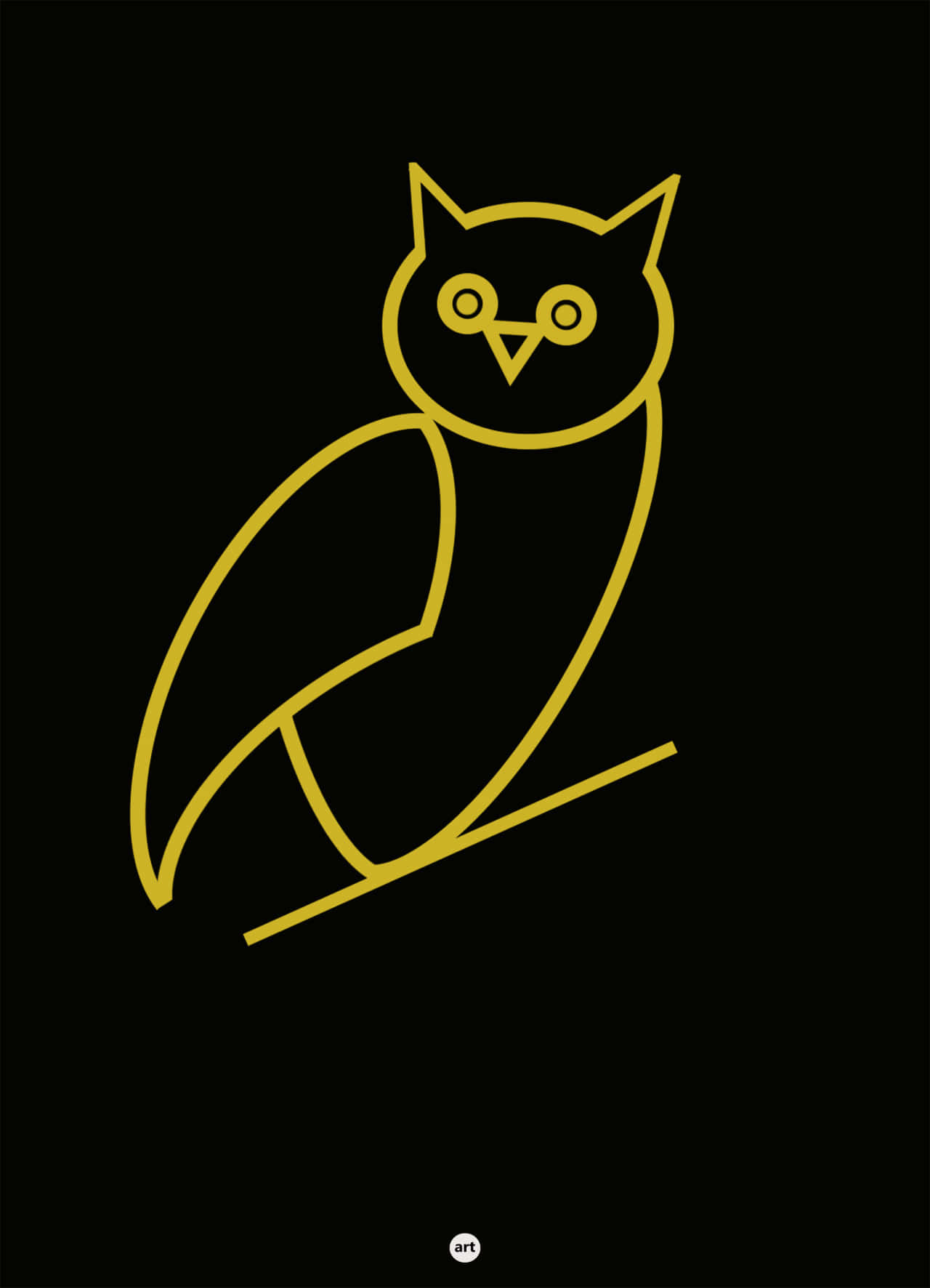Drake Ovo Owl iPhone 桌布 壁紙 — 純黑色背景上，一隻棲息在樹枝上的貓頭鷹的極簡金色輪廓。