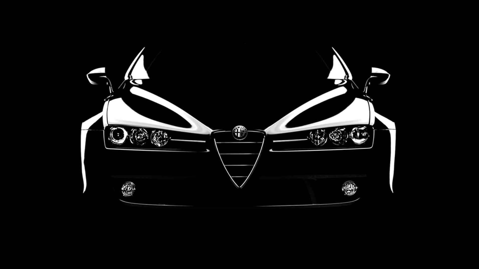 Alfa Romeo Brera 桌布 壁紙 — 純黑色背景上，愛快羅密歐跑車正面的鮮明白色剪影。
